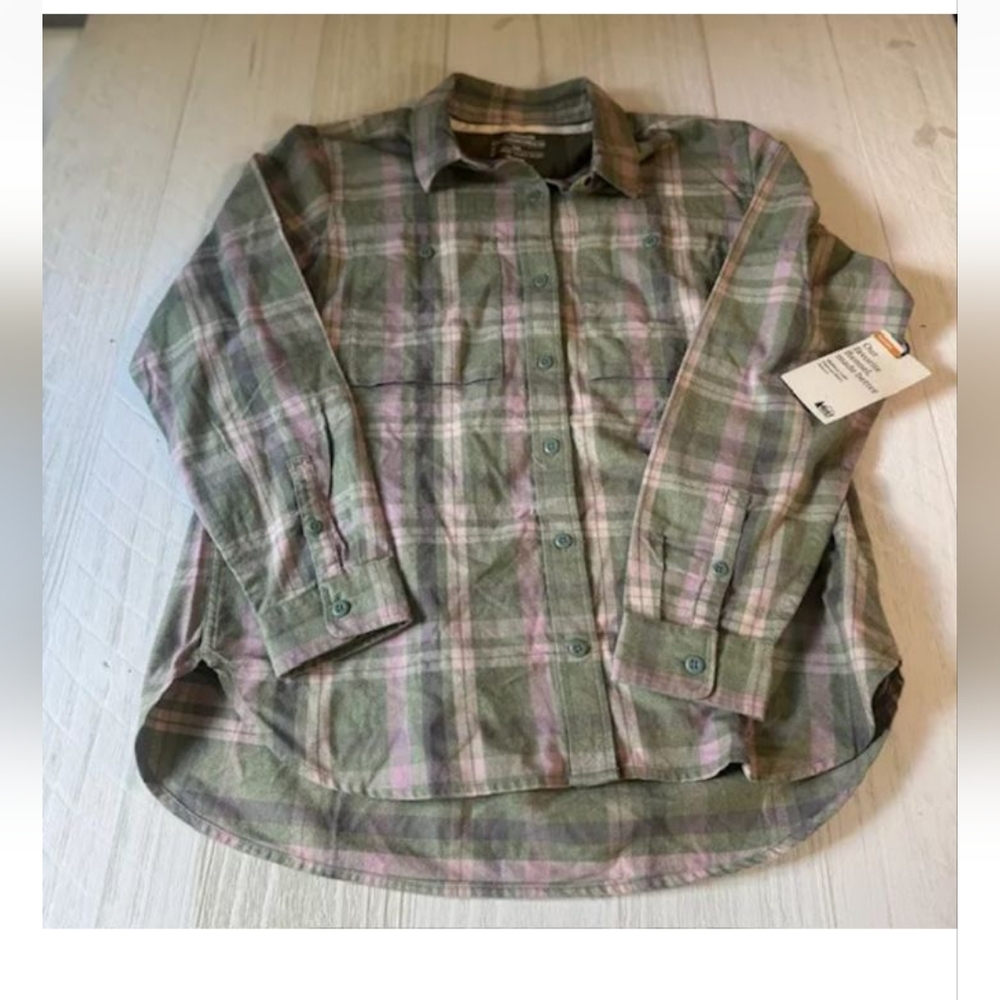 REI Green Pink Plaid Cotton Flannel Top Size Large NWT